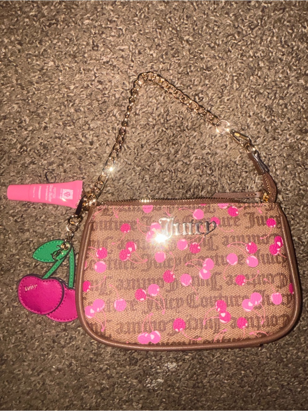 Juicy Couture Brown Monogram Wristlet with Hot Pink Polka Dots & Cherry Charm